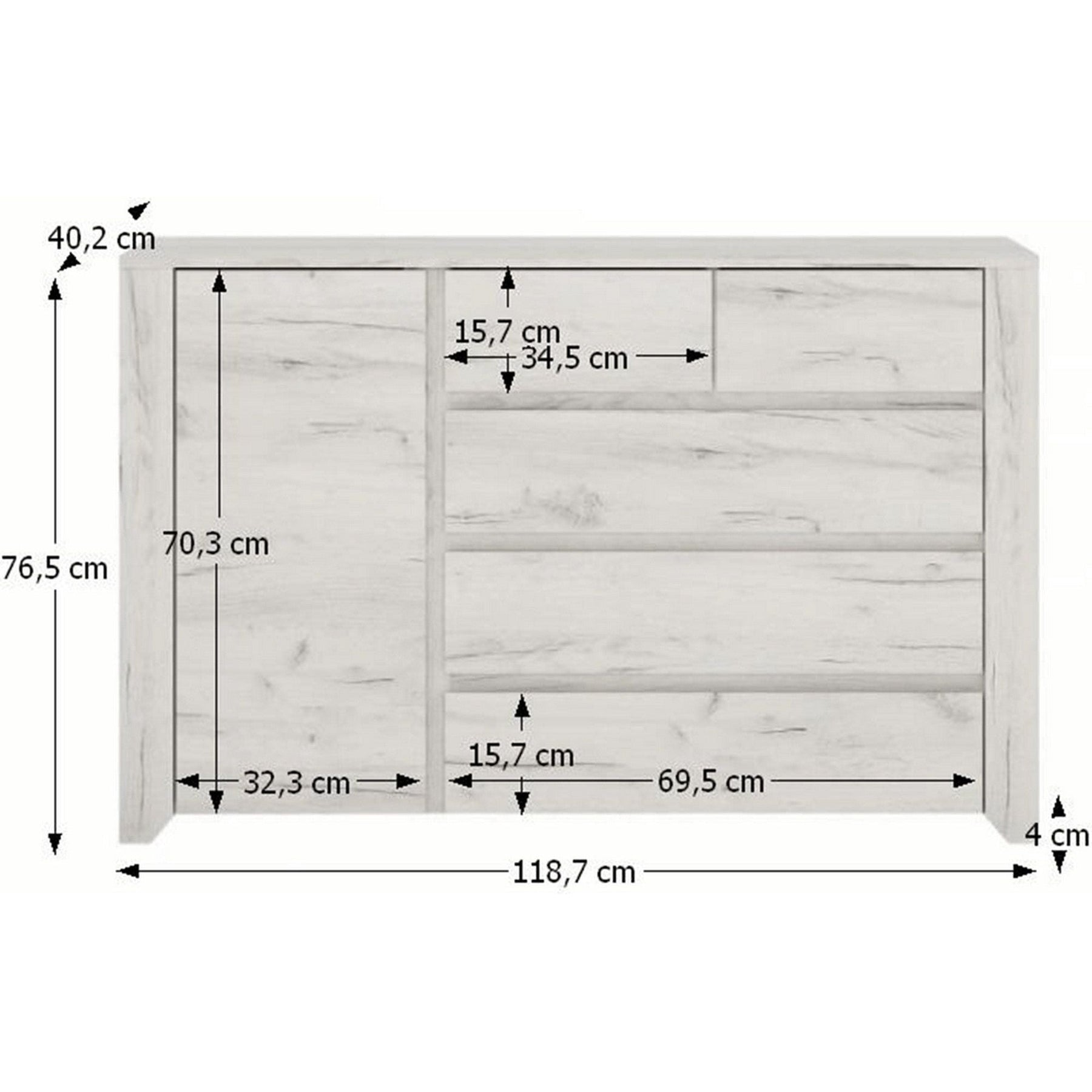 Comoda ANGEL TIP 41, 5 sertare si 1 usa, alb craft, PAL melaminat, 118,7x76,5x40,2 cm