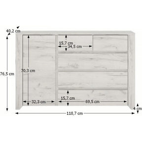 Comoda ANGEL TIP 41, 5 sertare si 1 usa, alb craft, PAL melaminat, 118,7x76,5x40,2 cm