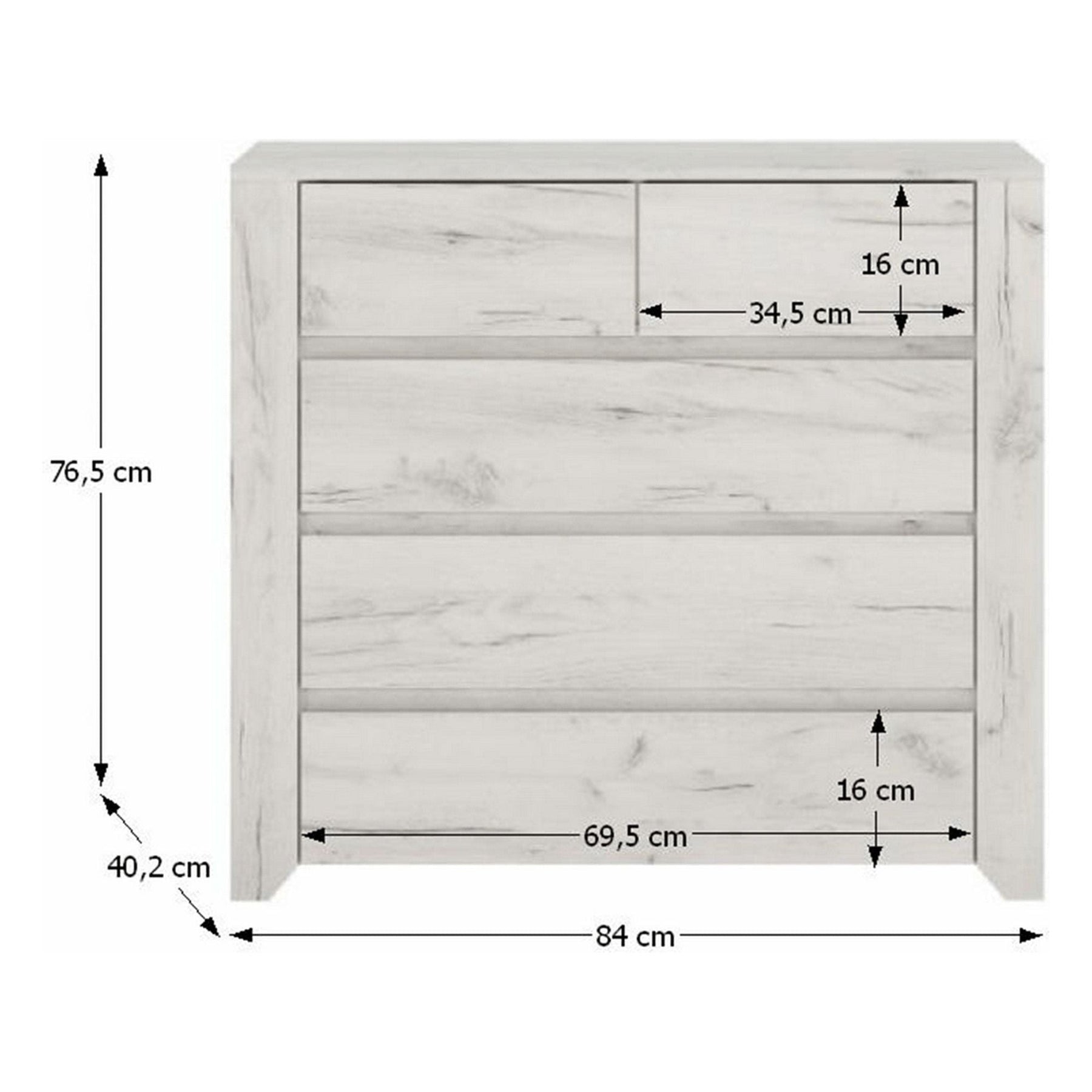 Comoda cu 5 sertare ANGEL TIP 43, PAL melaminat, alb craft, 84x76,5x40,2 cm