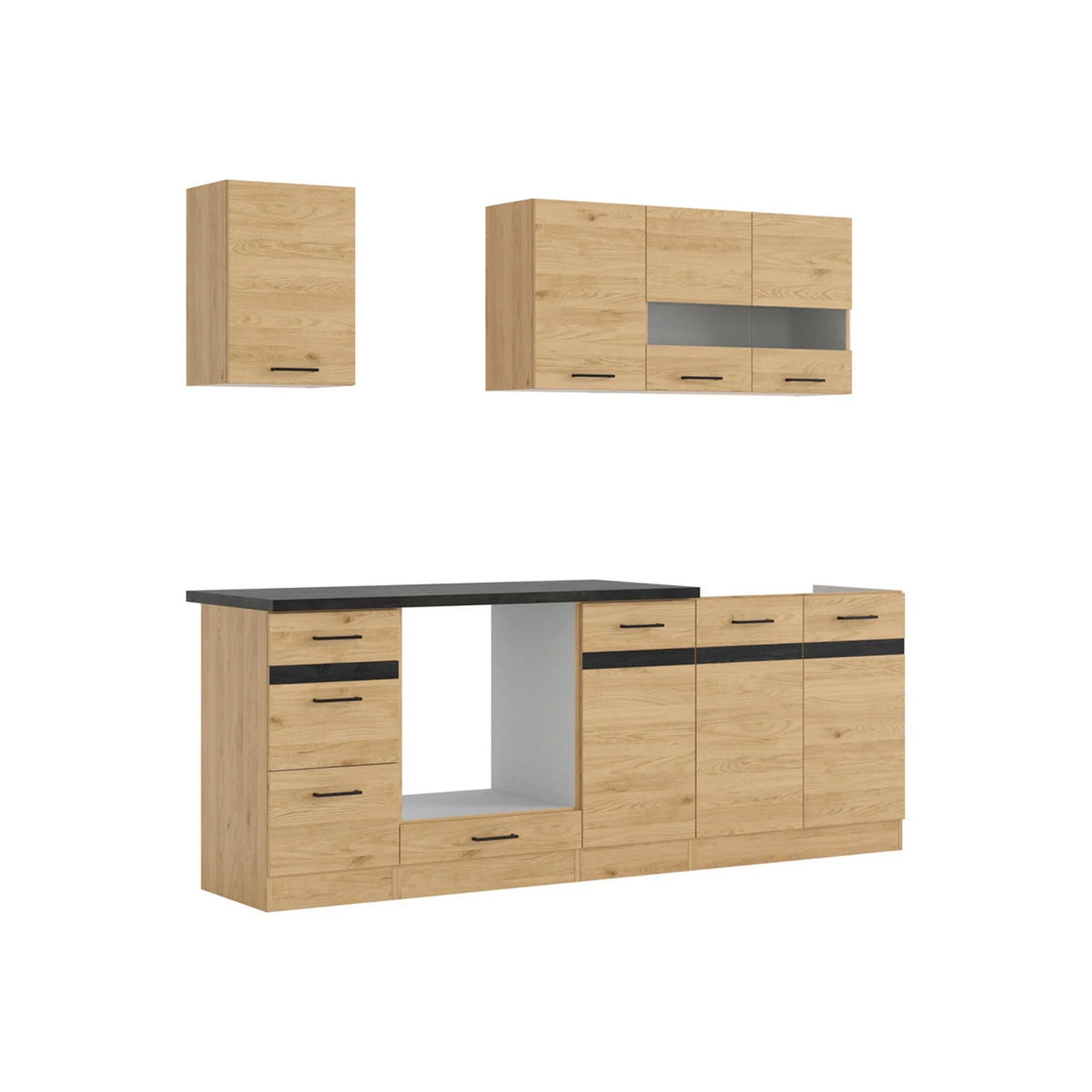 Set bucatarie JUNONA LINE, stejar, PAL, 220 cm, cu blat negru
