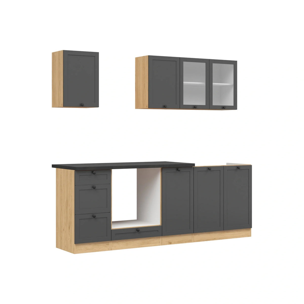 Set bucatarie JUNONA LINE, gri grafit/stejar, PAL, 220 cm, cu blat negru