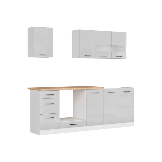 Set bucatarie JUNONA LINE, gri deschis/alb, PAL, 220 cm, cu blat stejar artisan