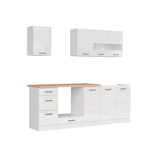 Set bucatarie JUNONA LINE, alb lucios, PAL, 220 cm, cu blat stejar artisan