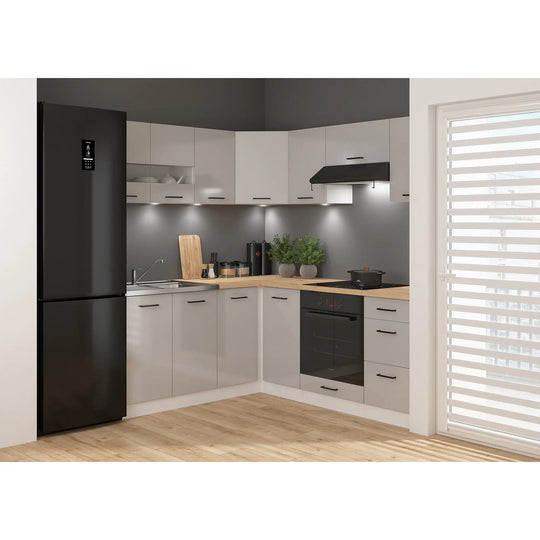 Set bucatarie JUNONA LINE, gri deschis/alb, PAL, 180x200 cm, cu blat stejar artisan