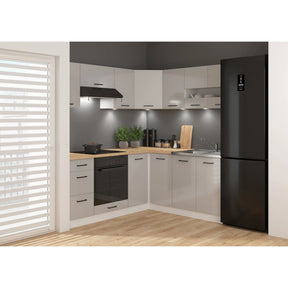 Set bucatarie JUNONA LINE, gri deschis/alb, PAL, 180x200 cm, cu blat stejar artisan