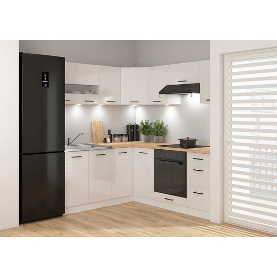 Set bucatarie JUNONA LINE, alb lucios, PAL, 180x200 cm, cu blat stejar artisan