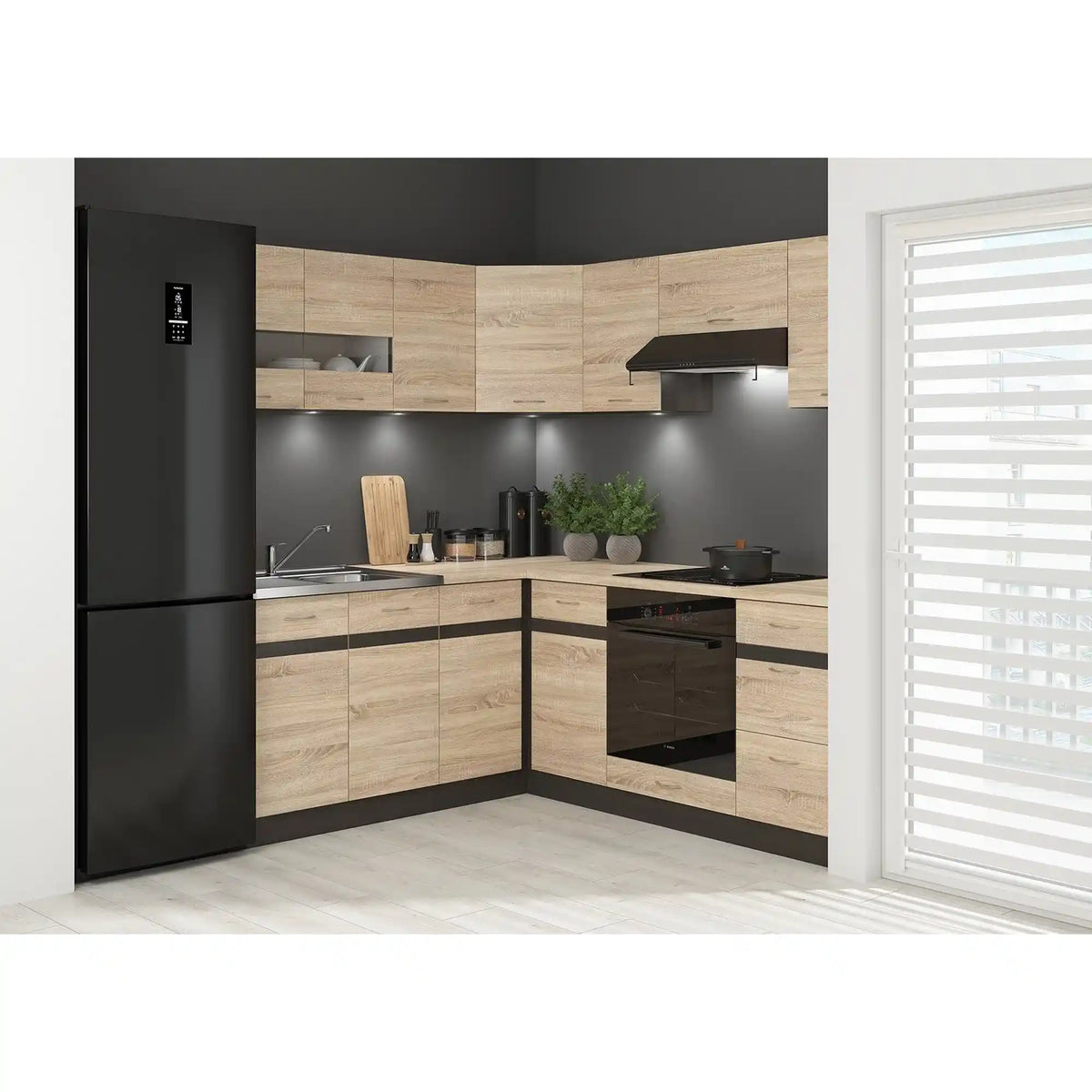 Set bucatarie JUNONA LINE, stejar sonoma/wenge, PAL, 180x200 cm, dreapta, cu blat stejar sonoma