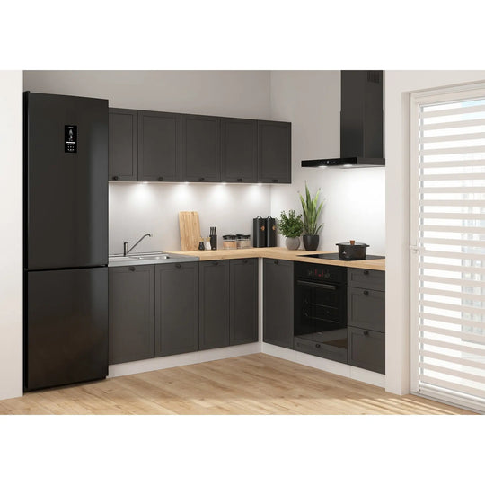 Set bucatarie JUNONA LINE, gri grafit/alb, PAL, 200x200 cm, cu blat stejar artisan