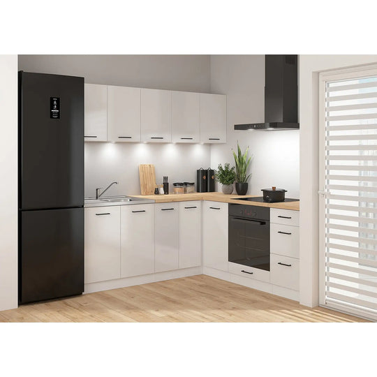 Set bucatarie JUNONA LINE, alb lucios, PAL, 200x200 cm, cu blat stejar artisan