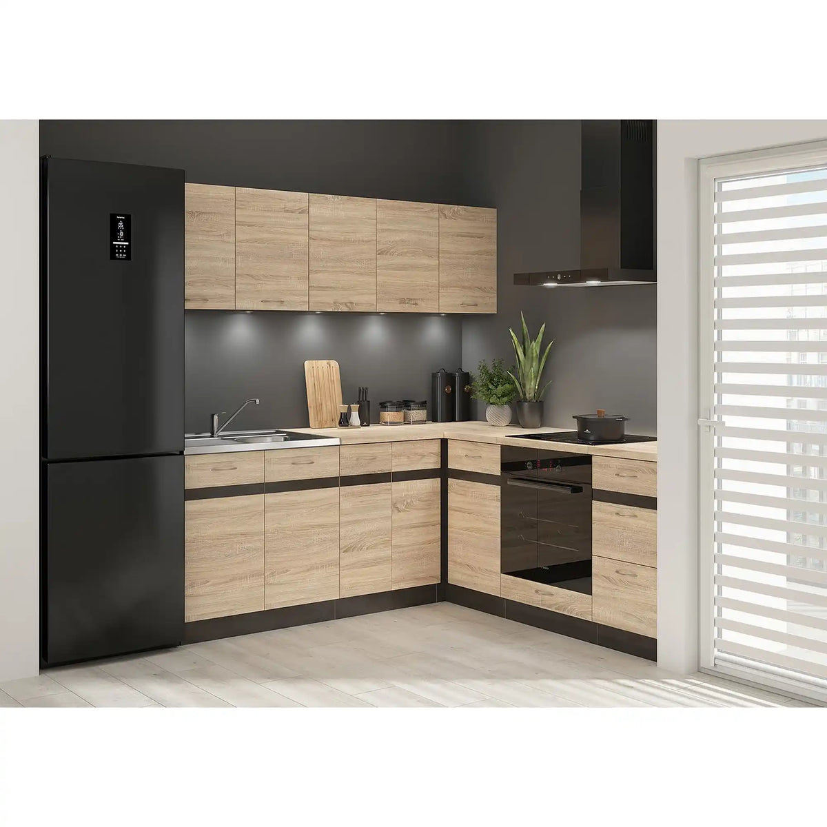 Set bucatarie JUNONA LINE, stejar sonoma/wenge, PAL, 200x200 cm, stanga, cu blat stejar sonoma