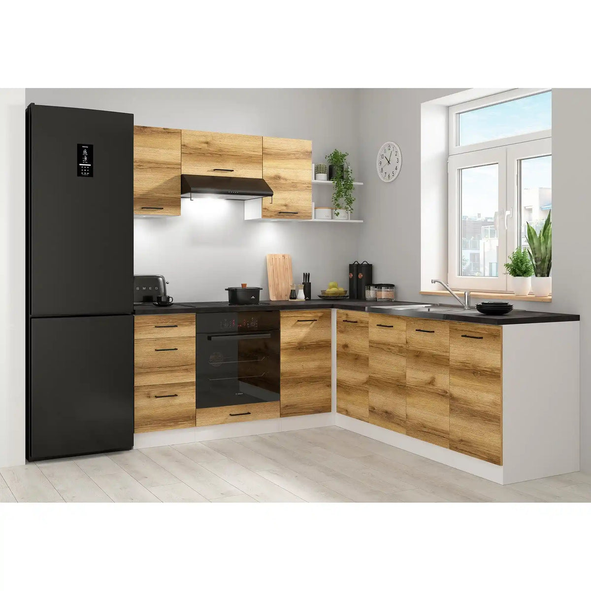 Set bucatarie JUNONA LINE, stejar delano/alb, PAL, 200x220 cm, cu blat negru