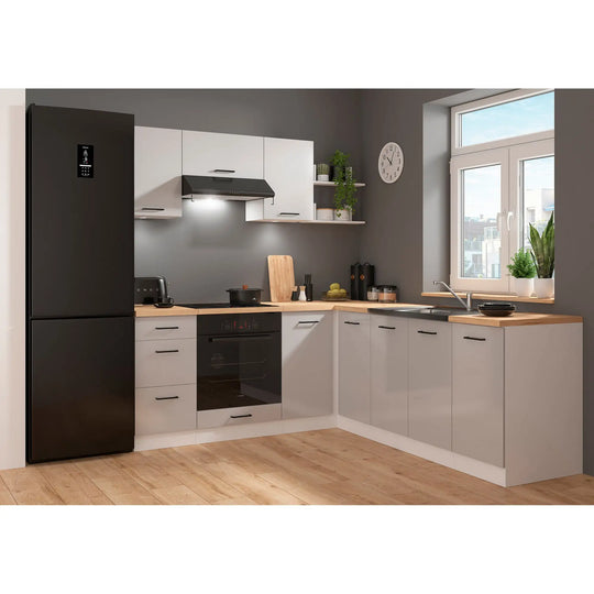 Set bucatarie JUNONA LINE, gri deschis/alb, PAL, 200x220 cm, cu blat stejar artisan