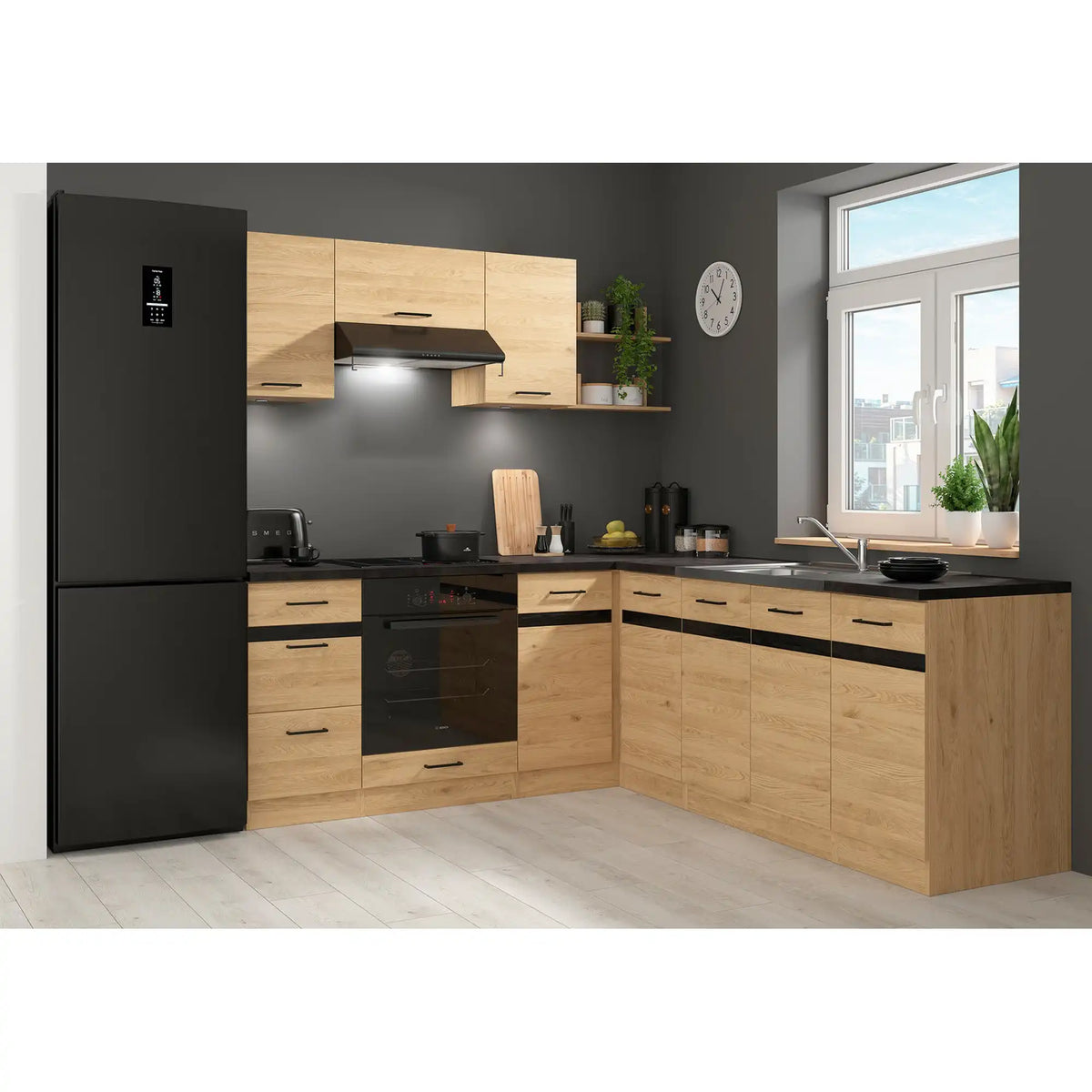 Set bucatarie JUNONA LINE, stejar, PAL, 200x220 cm, stanga, cu blat negru