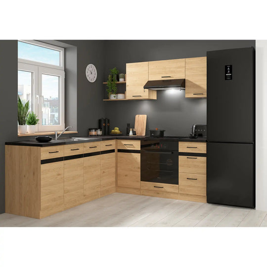 Set bucatarie JUNONA LINE, stejar, PAL, 200x220 cm, dreapta, cu blat negru