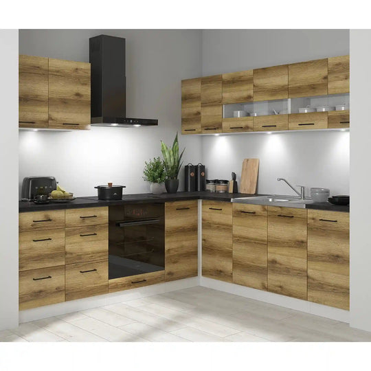 Set bucatarie JUNONA LINE, stejar delano/alb, PAL, 220x240 cm, cu blat negru