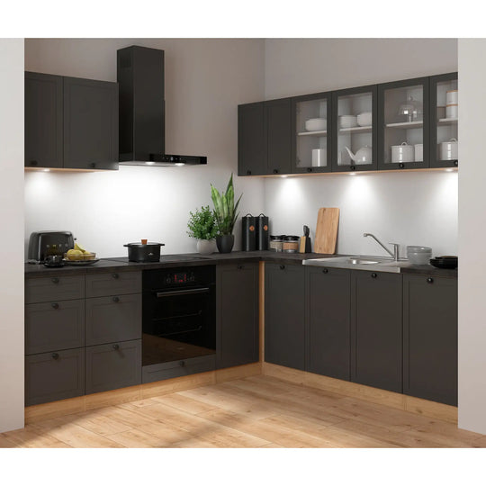 Set bucatarie JUNONA LINE, gri grafit/stejar, PAL, 220x240 cm, cu blat negru