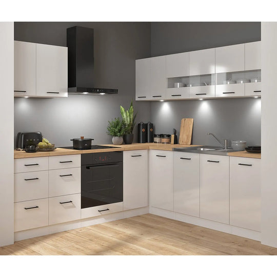 Set bucatarie JUNONA LINE, alb lucios, PAL, 220x240 cm, cu blat stejar artisan