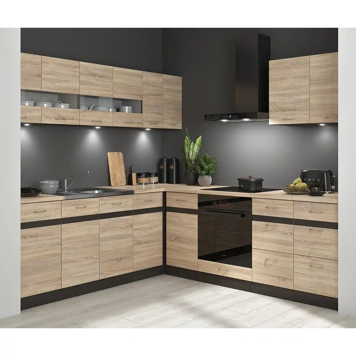 Set bucatarie JUNONA LINE, stejar sonoma/wenge, PAL, 220x240 cm, stanga, cu blat stejar sonoma