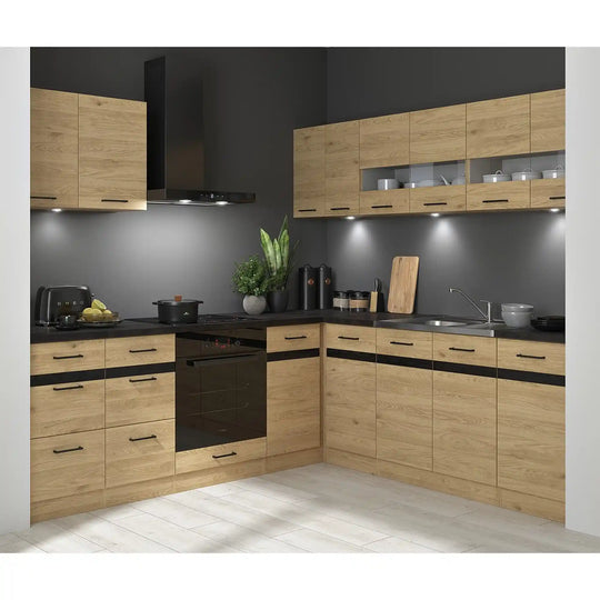 Set bucatarie JUNONA LINE, stejar, PAL, 220x240 cm, dreapta, cu blat negru