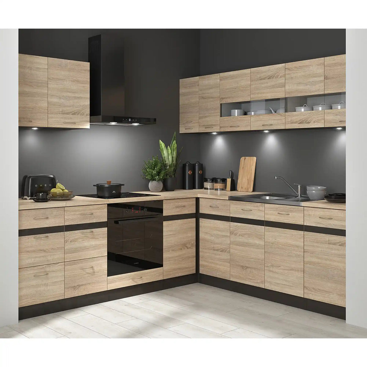 Set bucatarie JUNONA LINE, stejar sonoma/wenge, PAL, 220x240 cm, dreapta, cu blat stejar sonoma
