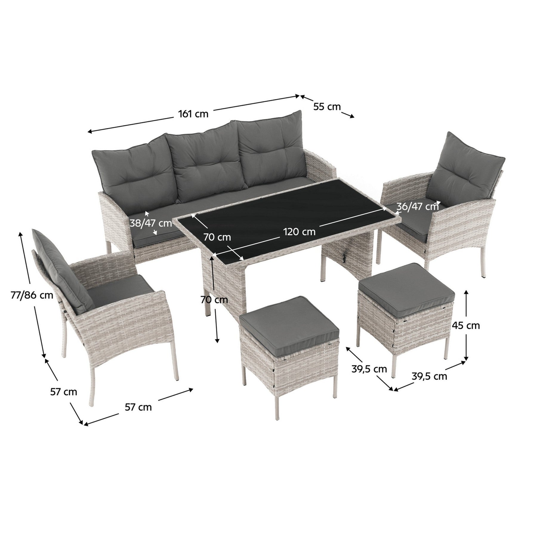 Set mobiler gradina LALEN, gri deschis/gri inchis, ratan sintetic/metal/sticla temperata