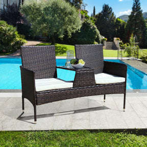 Bancă de gradina LALIT, ratan artificial/metal/sticla securizata, maro/crem, 131x60x82 cm