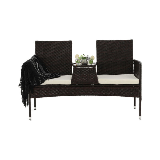 Bancă de gradina LALIT, ratan artificial/metal/sticla securizata, maro/crem, 131x60x82 cm