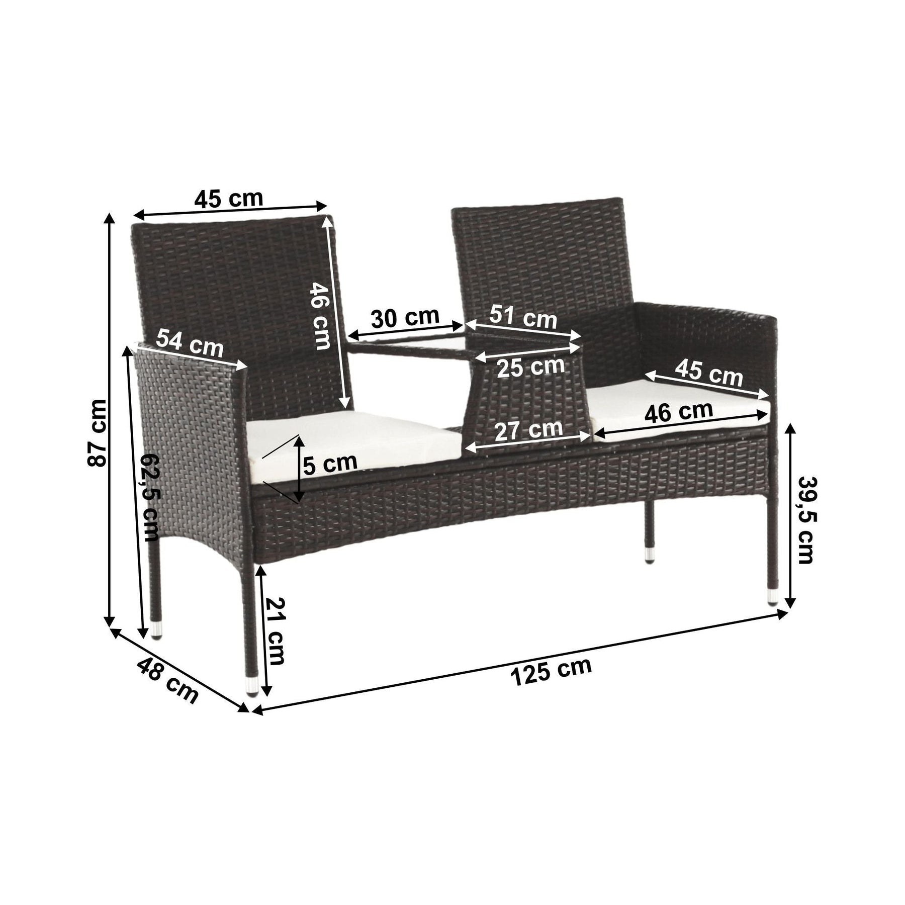 Bancă de gradina LALIT, ratan artificial/metal/sticla securizata, maro/crem, 131x60x82 cm