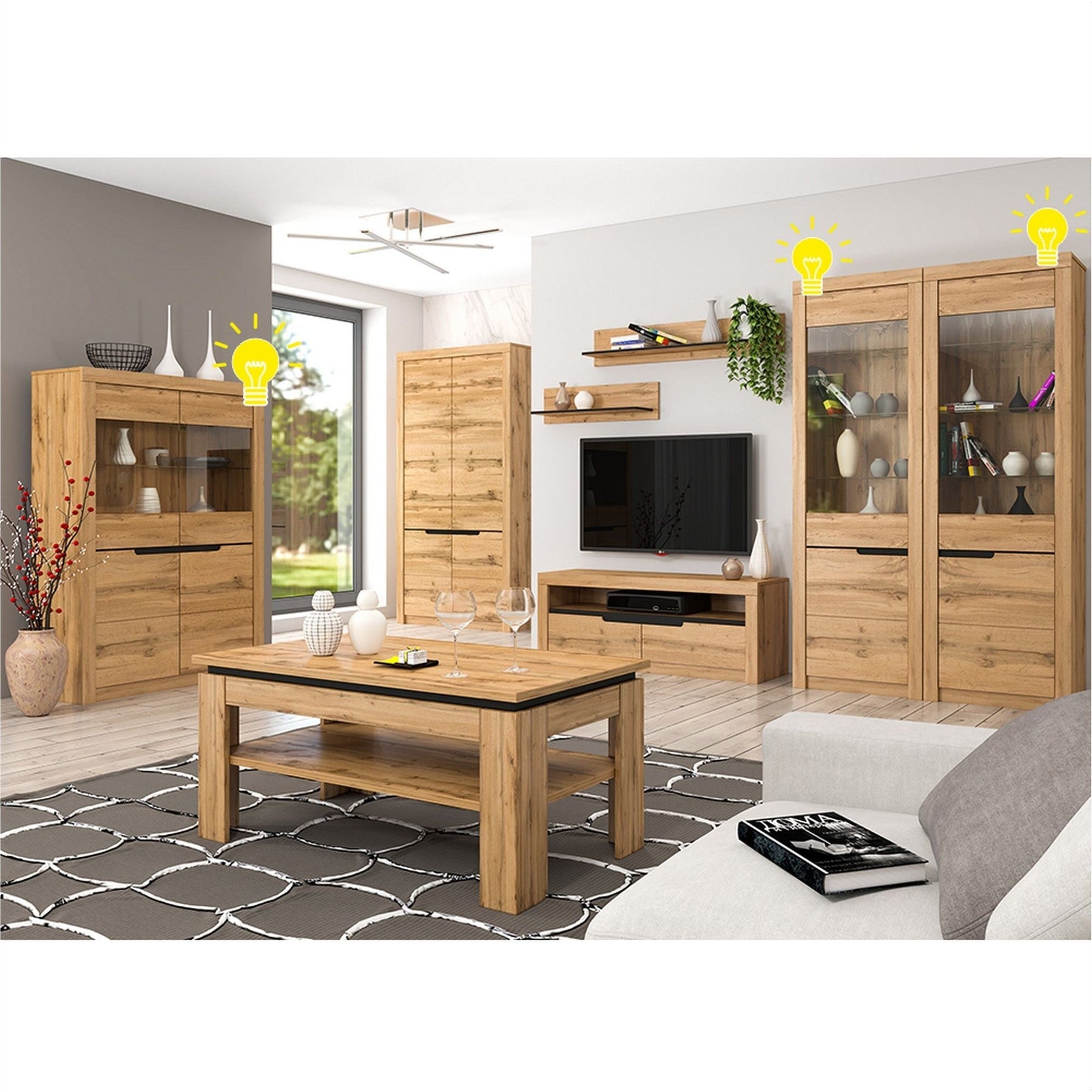 Vitrină A1, cu iluminare LED, stejar wotan, dreapta, TORONTA