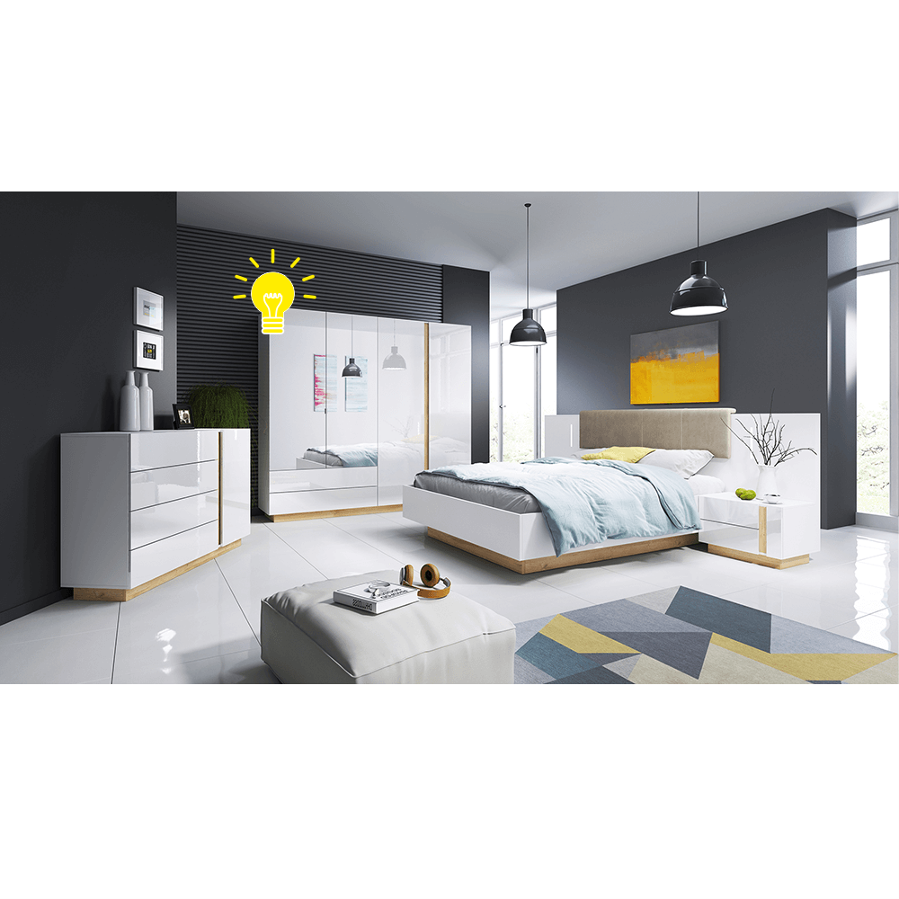 Dulap haine CITY, PAL laminat, alb/stejar grandson/luciu alb, 220x54x202,4 cm, cu iluminare LED, 4 usi si 2 sertare