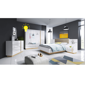 Dulap haine CITY, PAL laminat, alb/stejar grandson/luciu alb, 220x54x202,4 cm, cu iluminare LED, 4 usi si 2 sertare