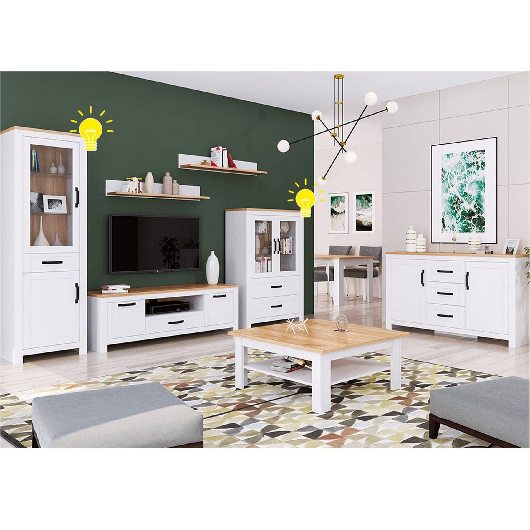 Vitrină cu iluminare LED, alb alba / stejar craft auriu, LANZETTE A