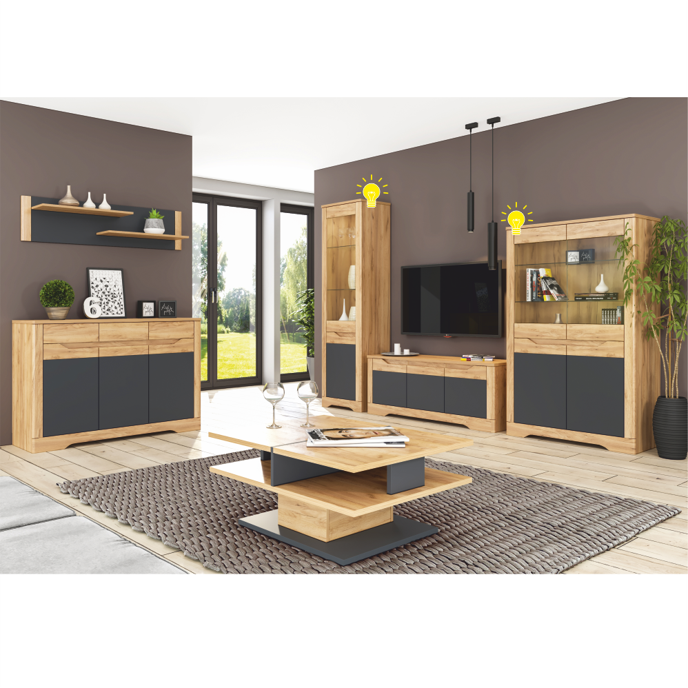 Vitrina living FIDEL C, PAL laminat/sticla, stejar craft auriu / grafit gri, 95x42x159,5 cm, cu iluminare LED. 4 usi