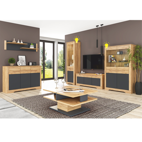 Vitrina living FIDEL A1, PAL laminat/sticla, stejar craft auriu / grafit gri, 54,7x42x200,5 cm, cu iluminare LED, 2 usi