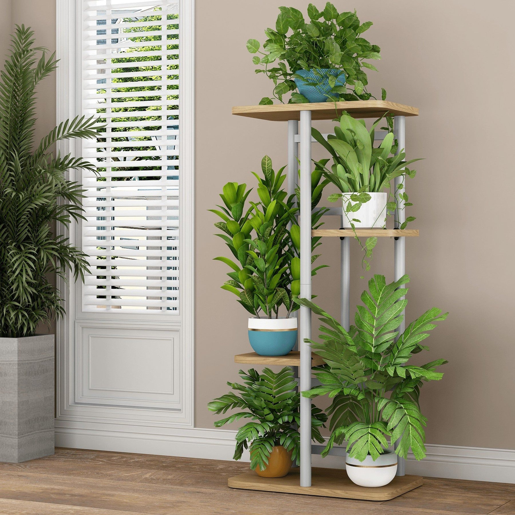 Suport de flori LEDOR TIP 1, stejar sonoma/alb, metal/DTD, 36x23.5x74 cm