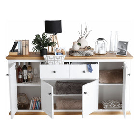 Comoda LEON MZ9, 4 usi si 2 sertare, PAL laminat, alb/stejar grand, 180x45x87 cm
