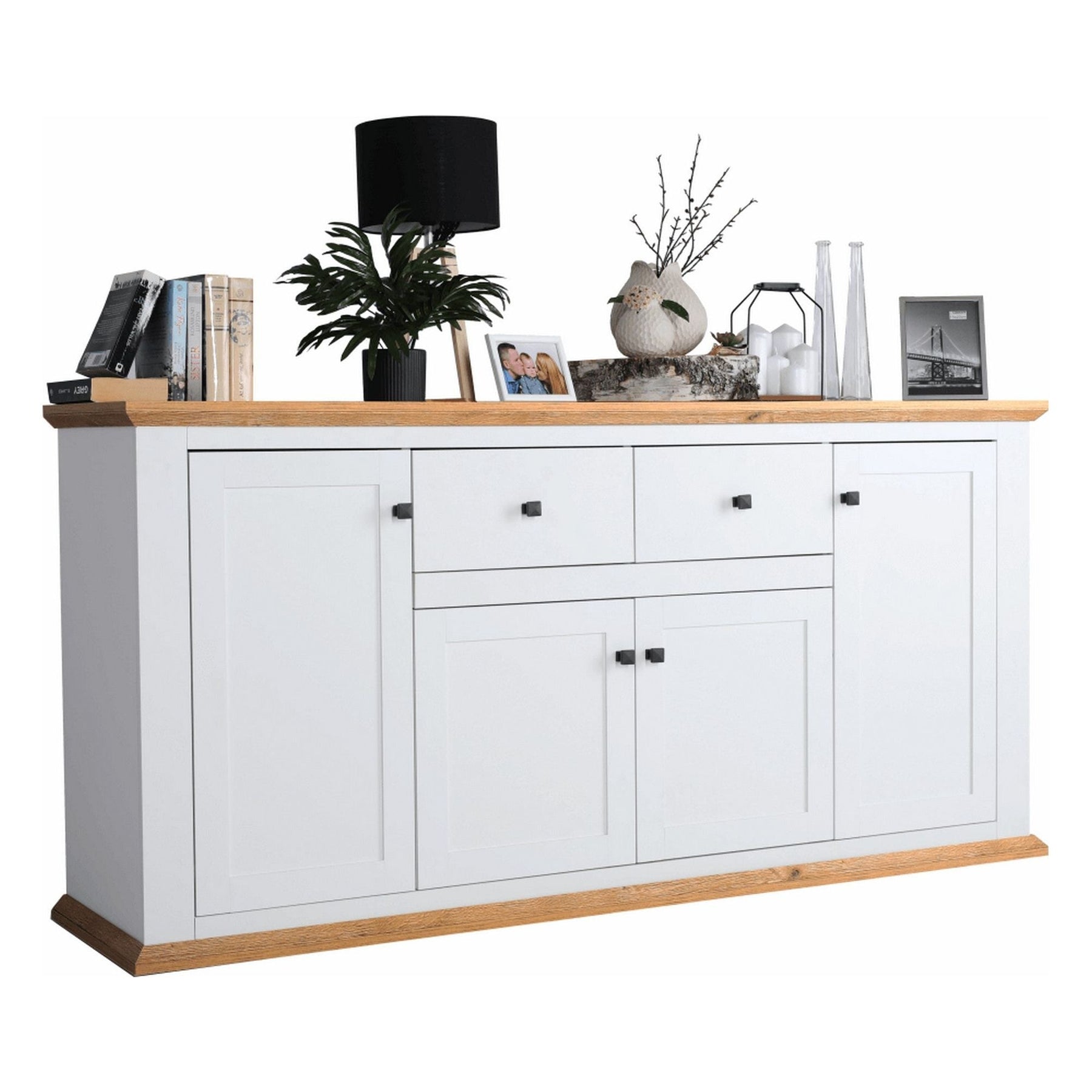 Comoda LEON MZ9, 4 usi si 2 sertare, PAL laminat, alb/stejar grand, 180x45x87 cm