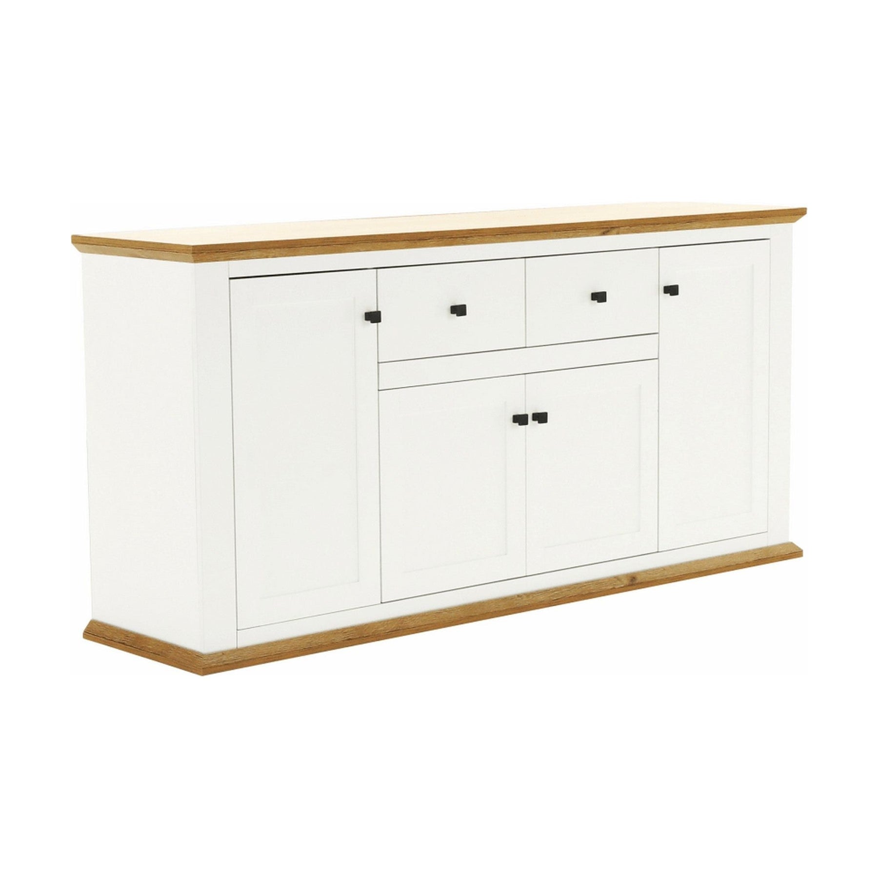 Comoda LEON MZ9, 4 usi si 2 sertare, PAL laminat, alb/stejar grand, 180x45x87 cm
