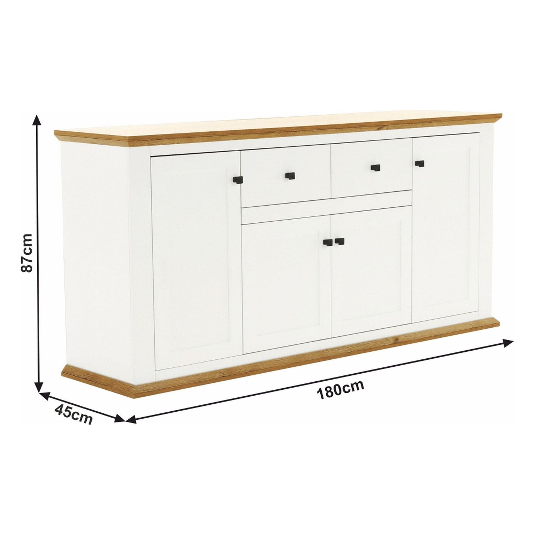 Comoda LEON MZ9, 4 usi si 2 sertare, PAL laminat, alb/stejar grand, 180x45x87 cm