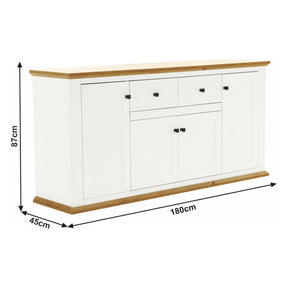 Comoda LEON MZ9, 4 usi si 2 sertare, PAL laminat, alb/stejar grand, 180x45x87 cm