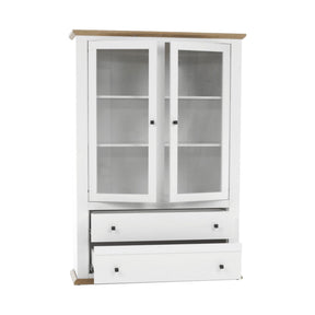 Vitrina living LEON MZ5, PAL laminat, alb / stejar grand, 125x40x180 cm, 2 usi si 2 sertare