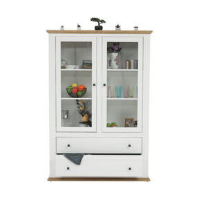 Vitrina living LEON MZ5, PAL laminat, alb / stejar grand, 125x40x180 cm, 2 usi si 2 sertare