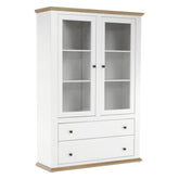 Vitrina living LEON MZ5, PAL laminat, alb / stejar grand, 125x40x180 cm, 2 usi si 2 sertare