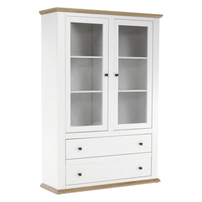 Vitrina living LEON MZ5, PAL laminat, alb / stejar grand, 125x40x180 cm, 2 usi si 2 sertare