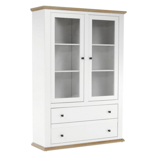 Vitrina living LEON MZ5, PAL laminat, alb / stejar grand, 125x40x180 cm, 2 usi si 2 sertare