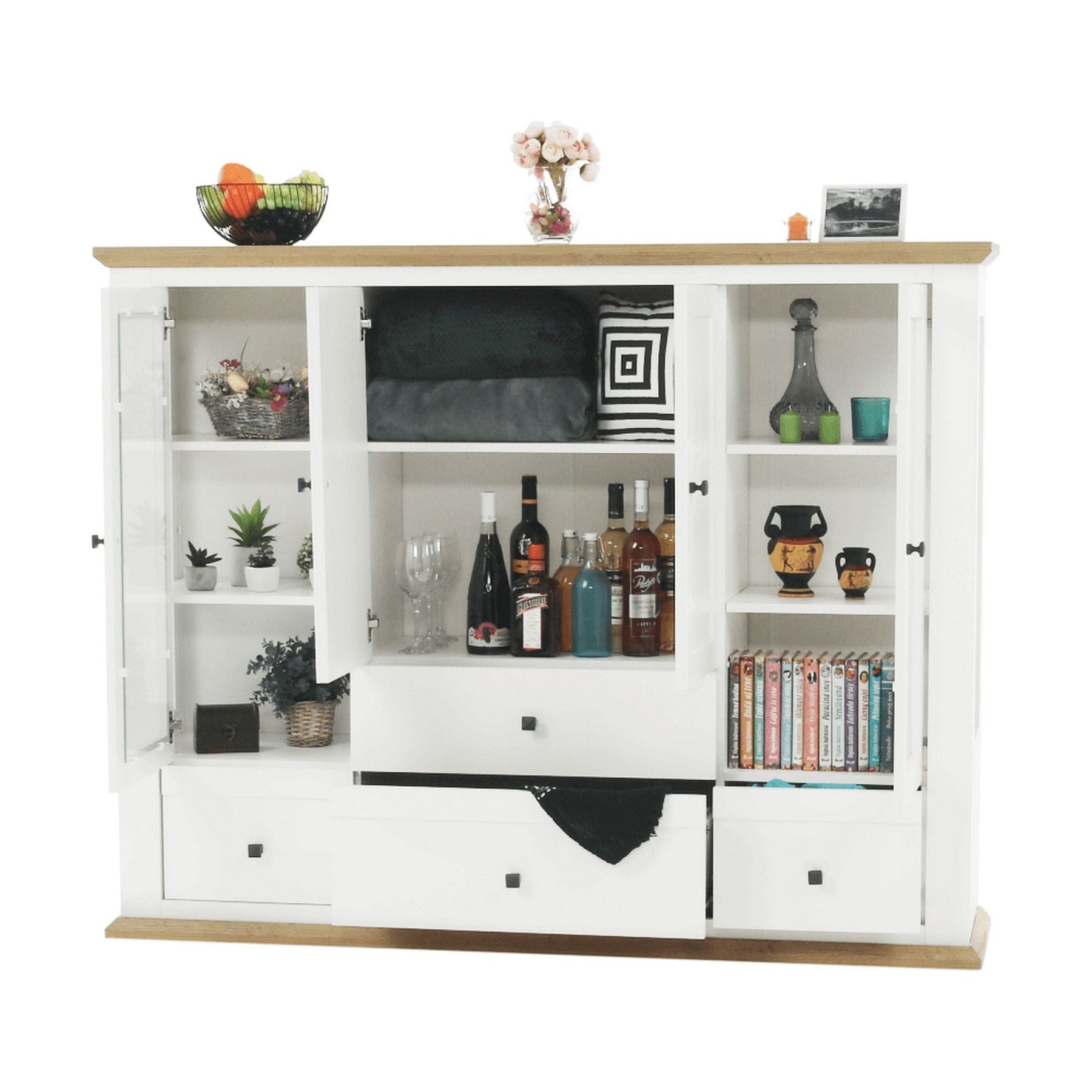 Vitrina living LEON MZ6, PAL laminat, alb/stejar grand, 165x40x130 cm, 4 usi si 4 sertare