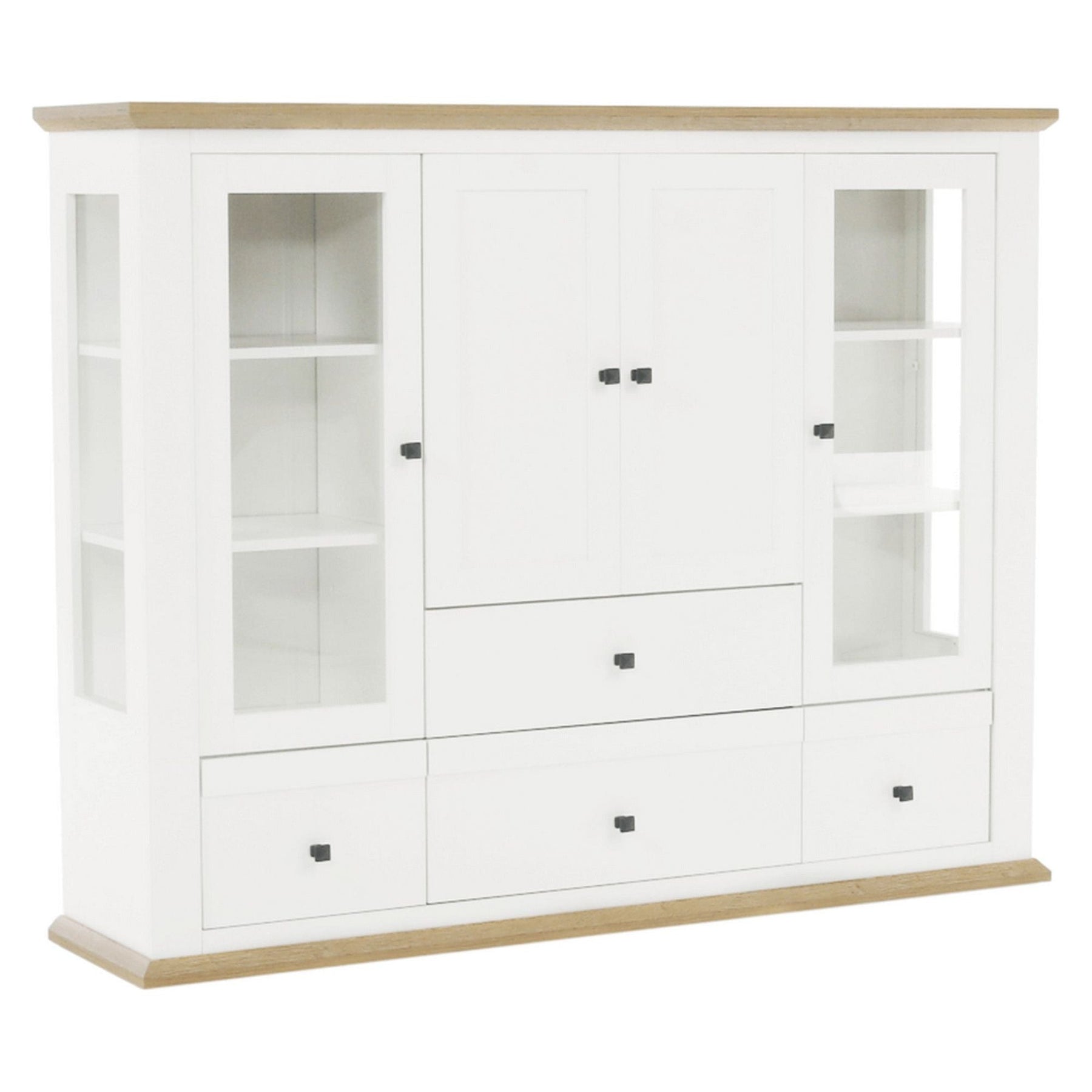 Vitrina living LEON MZ6, PAL laminat, alb/stejar grand, 165x40x130 cm, 4 usi si 4 sertare