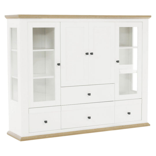 Vitrina living LEON MZ6, PAL laminat, alb/stejar grand, 165x40x130 cm, 4 usi si 4 sertare