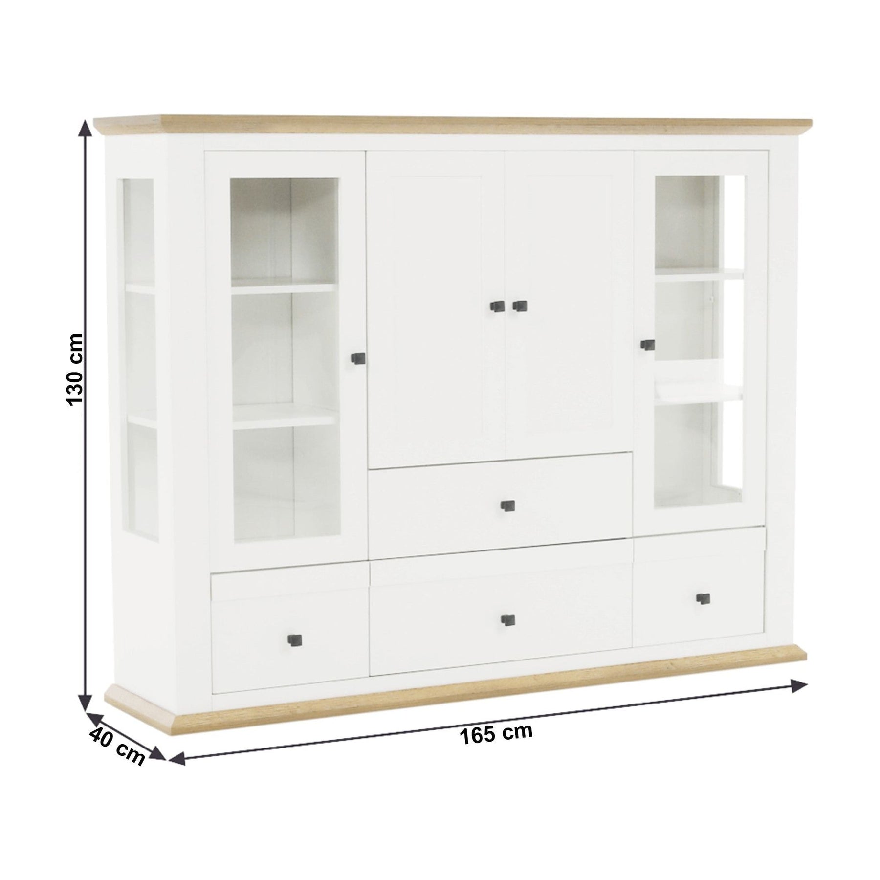 Vitrina living LEON MZ6, PAL laminat, alb/stejar grand, 165x40x130 cm, 4 usi si 4 sertare