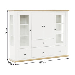 Vitrina living LEON MZ6, PAL laminat, alb/stejar grand, 165x40x130 cm, 4 usi si 4 sertare